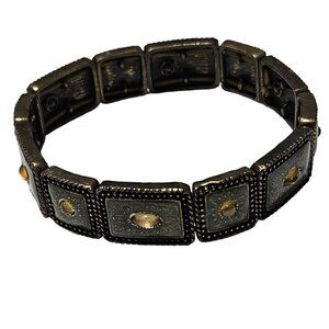 Vintage Antique Gold Silver Tone Metal Links Stretch Bracelet Etched Design